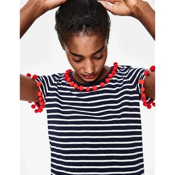 BODEN Bridget Jersey Knit Dress Navy White Stripe Red Pom Poms Shift Size 6 - Picture 7 of 16